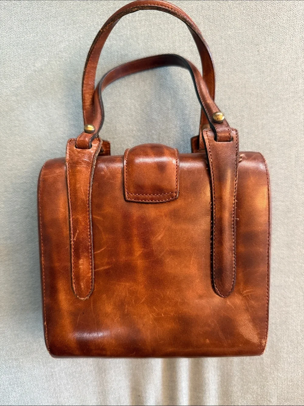 Vintage Mid-Century Cognac Leather Top Handle Bag